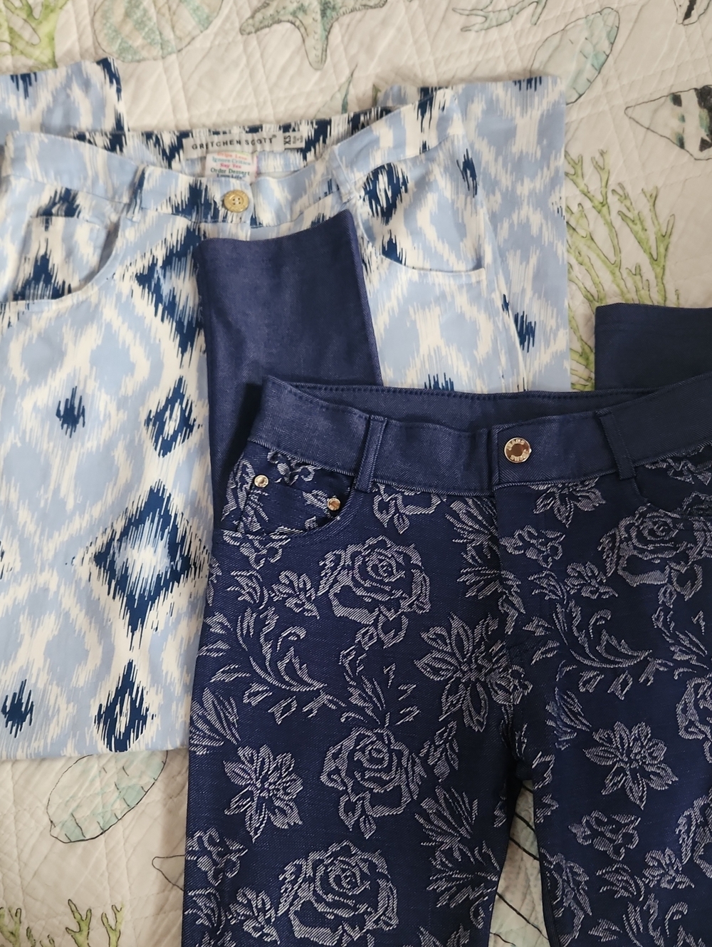 Gretchen Scott Design Baby Blue & Yelete Navy Floral Jacquard Skinny Pants-Small